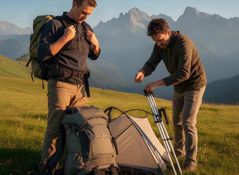 Zwei Fachpersonen von Monthey Lager prüfen Rucksack und Zelt auf einer alpinen Wiese