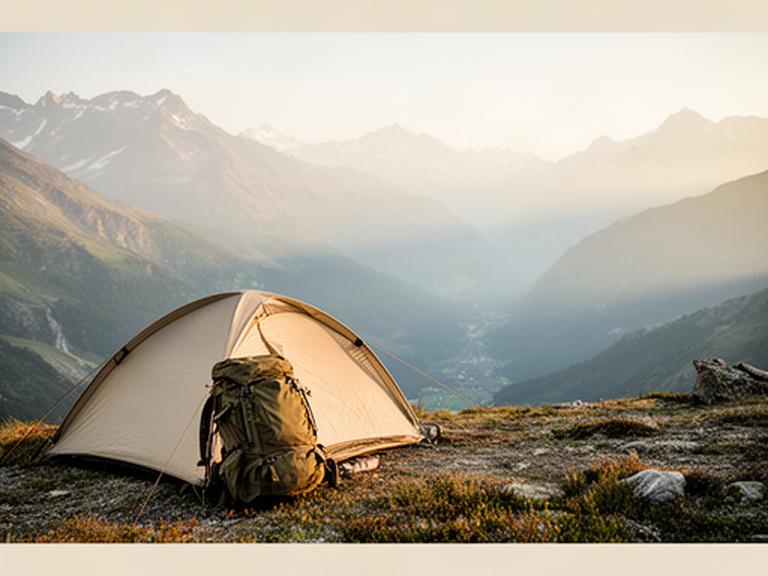 Zelt und Rucksack vor einer alpinen Landschaft bei Sion im Morgenlicht