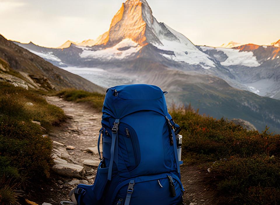 Blauer Trekkingrucksack auf einem Wanderweg mit dem Matterhorn im Morgenlicht