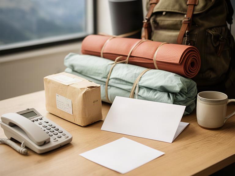 Kleiner Arbeitstisch im Wallis mit Telefon, Brief und sorgfältig verpackter Campingausrüstung