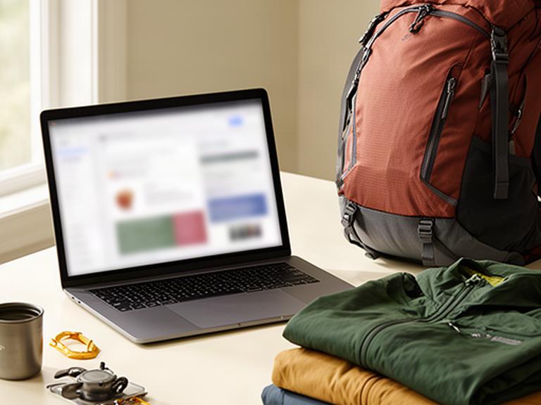 Laptop mit Warenkorb für Campingartikel neben Rucksack und gefalteter Outdoorbekleidung