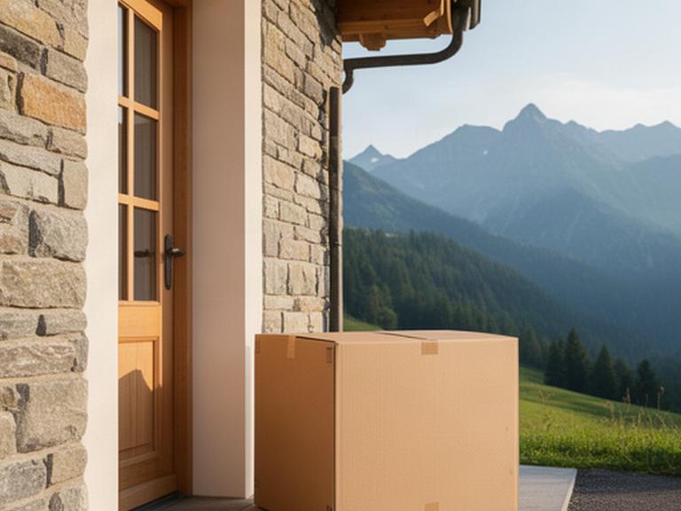 Versandkarton mit Campingausrüstung steht neben einer Eingangstür in einer Schweizer Wohnumgebung