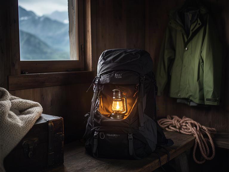 Verschlossener Rucksack mit kleiner Laterne in einer geschützten Berghütte im Wallis