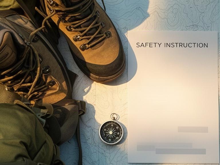 Wanderschuhe, Rucksack und Kompass liegen auf einer Karte neben einem sorgfältig gelesenen Hinweisblatt