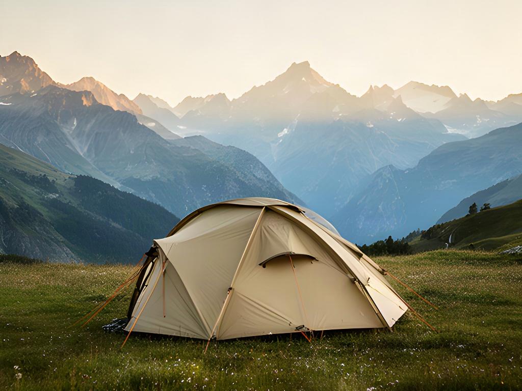 Kuppelzelt auf einer alpinen Wiese mit Berggipfeln im Wallis