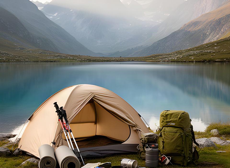 Campingausrüstung neben einem Zelt an einem alpinen Bergsee im Wallis