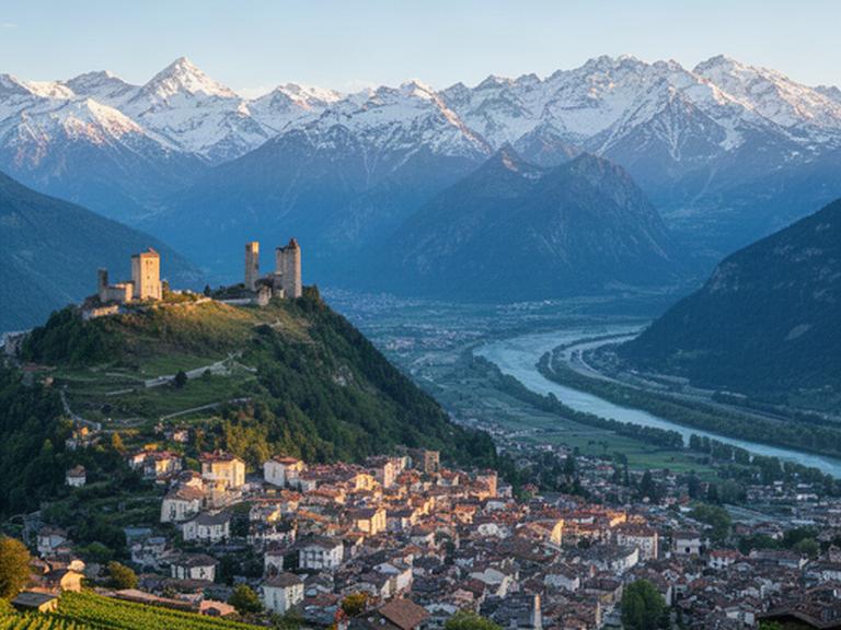 Panorama von Sion mit zwei Burgen, Rhonetal und verschneiten Walliser Alpen im Hintergrund
