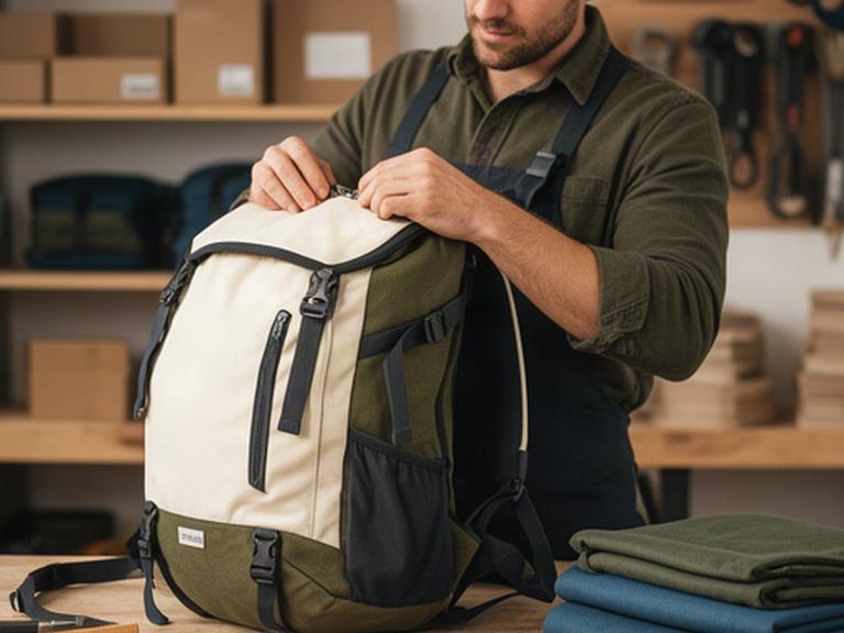 Mitarbeiterin prüft einen Rucksack und verpackt Campingausrüstung in der Werkstatt von Monthey Lager