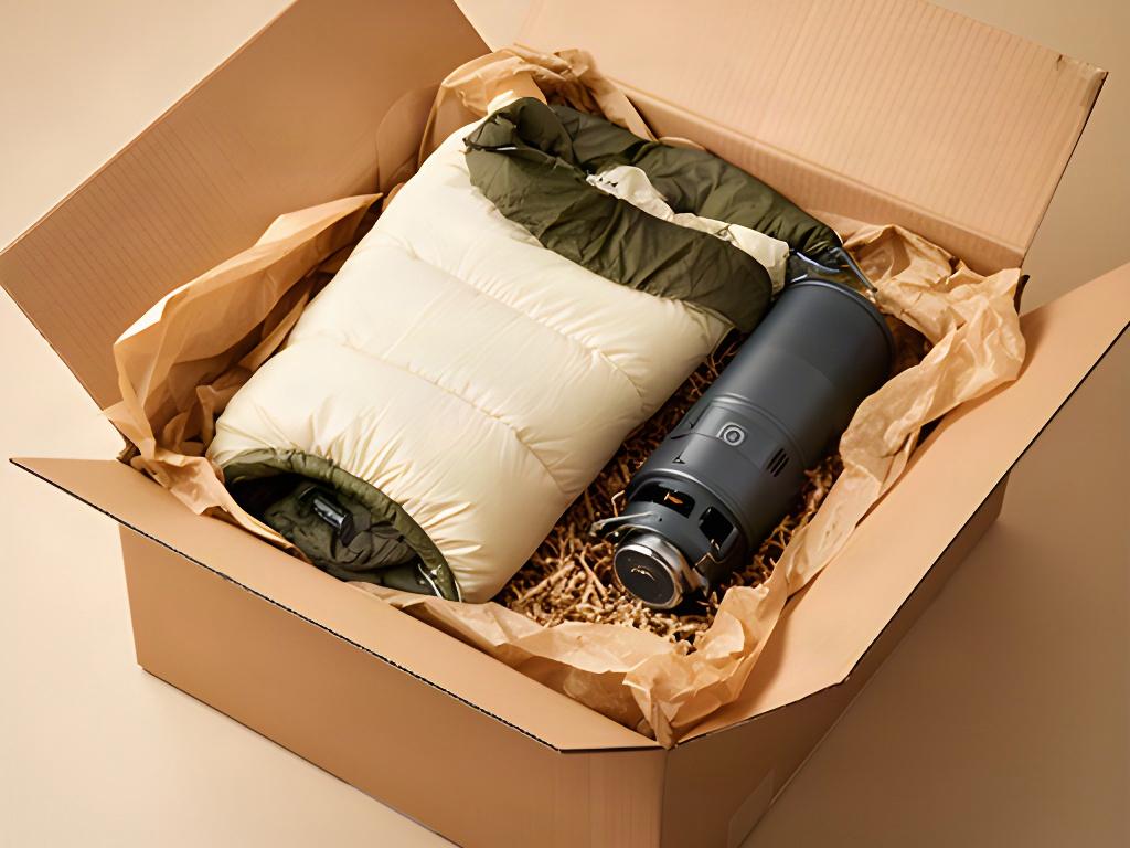 Geöffneter Versandkarton mit sorgfältig verpacktem Schlafsack und Campingkocher