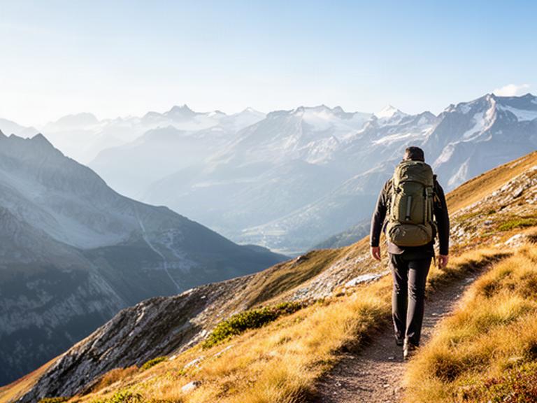 Bergwanderer mit Rucksack auf einem sonnigen Höhenweg oberhalb von Sion im Wallis