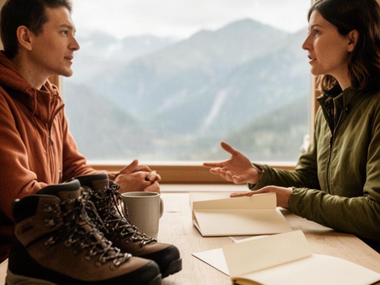 Zwei Personen besprechen eine klare Datenschutzerklärung neben Wanderschuhen und Kartenmaterial