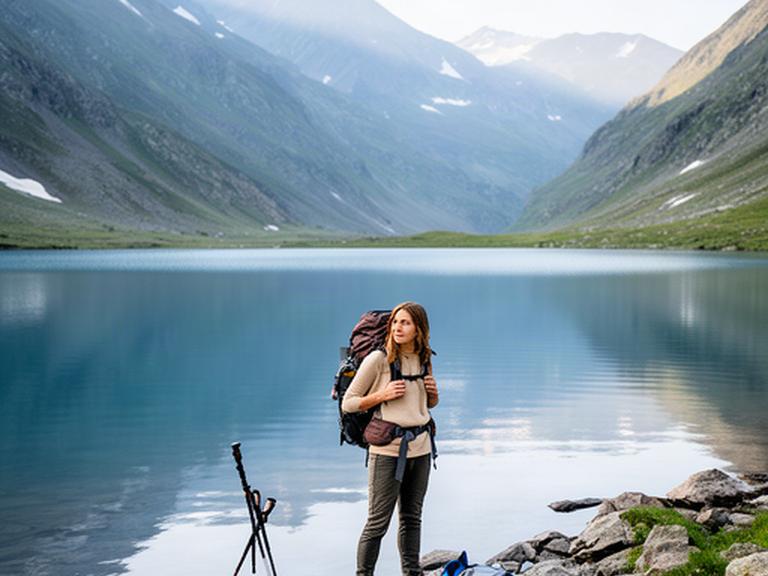 Wanderin mit Trekkingrucksack an einem stillen Bergsee im Wallis während einer Beratungstour