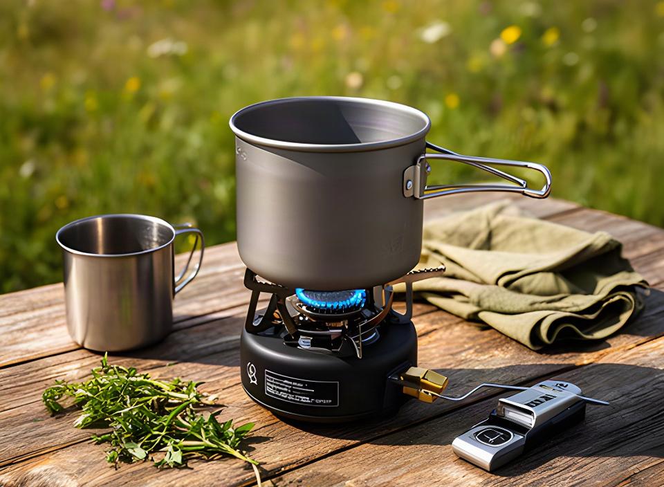Kompakter Campingkocher mit Titan-Topf und Tasse auf einem Holztisch im Freien