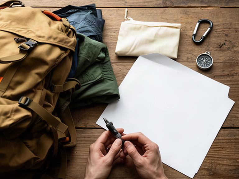 Hände prüfen eine Campingbestellung neben Rucksack und Stoffkarte auf einem Holztisch
