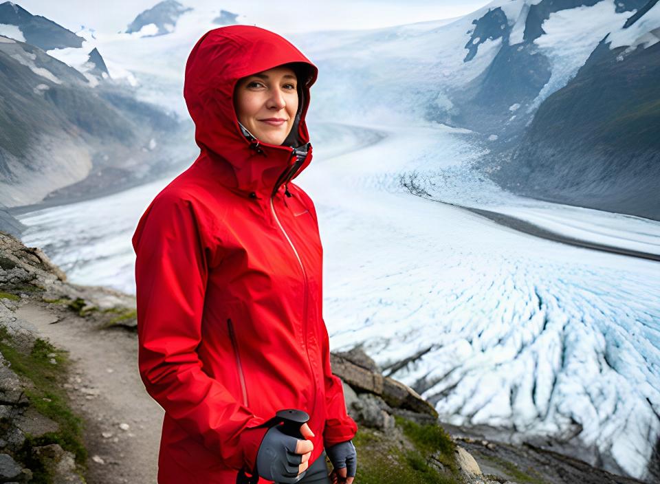 Wanderin mit roter Hardshelljacke vor einem hellen Gletscher in den Alpen